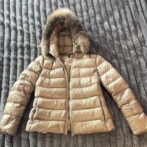 Moncler tan puffer jacket with fur hood